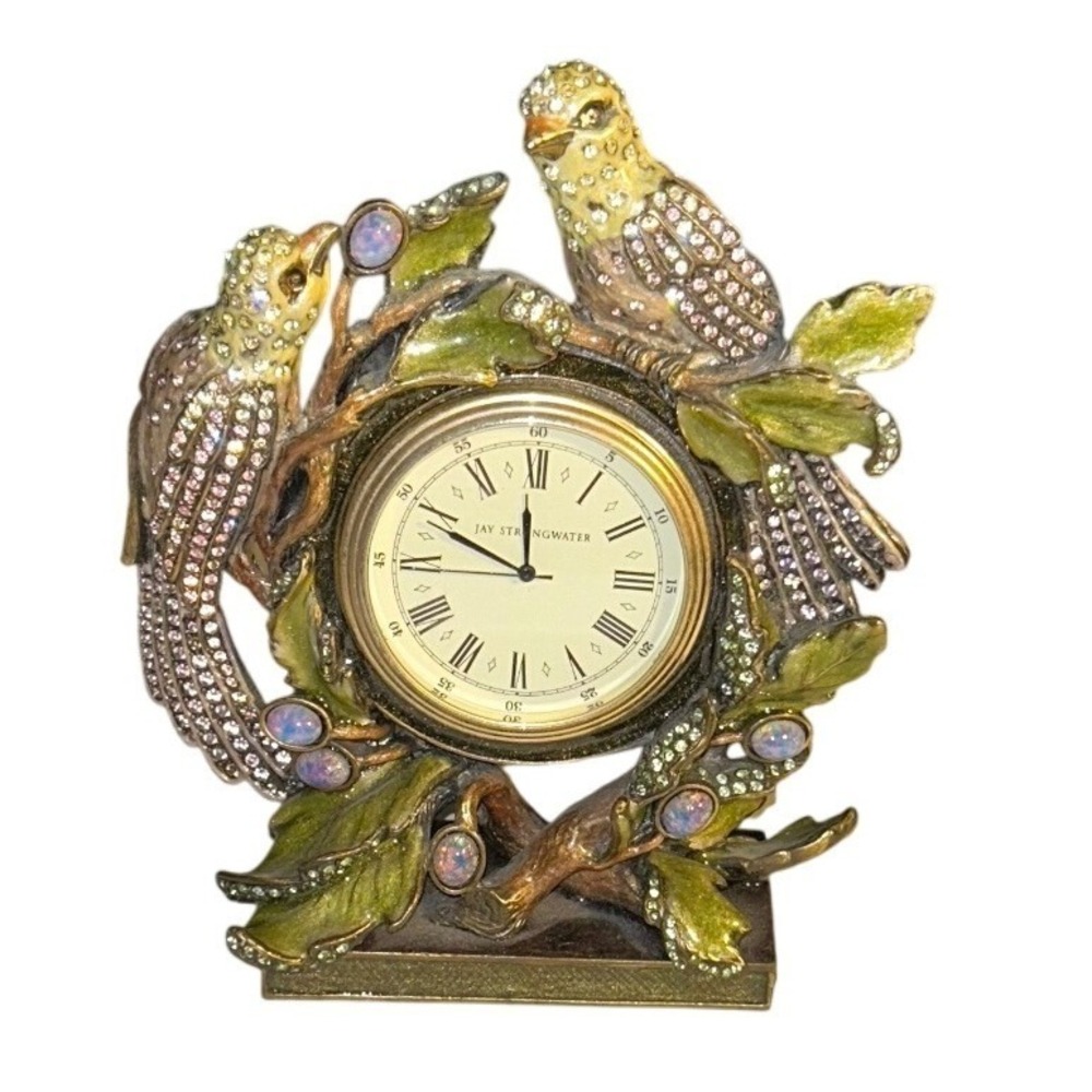 Jay‎ Strongwater Jeweled Bird Clock Sworovski Crystals Enamel 5"x4.25"